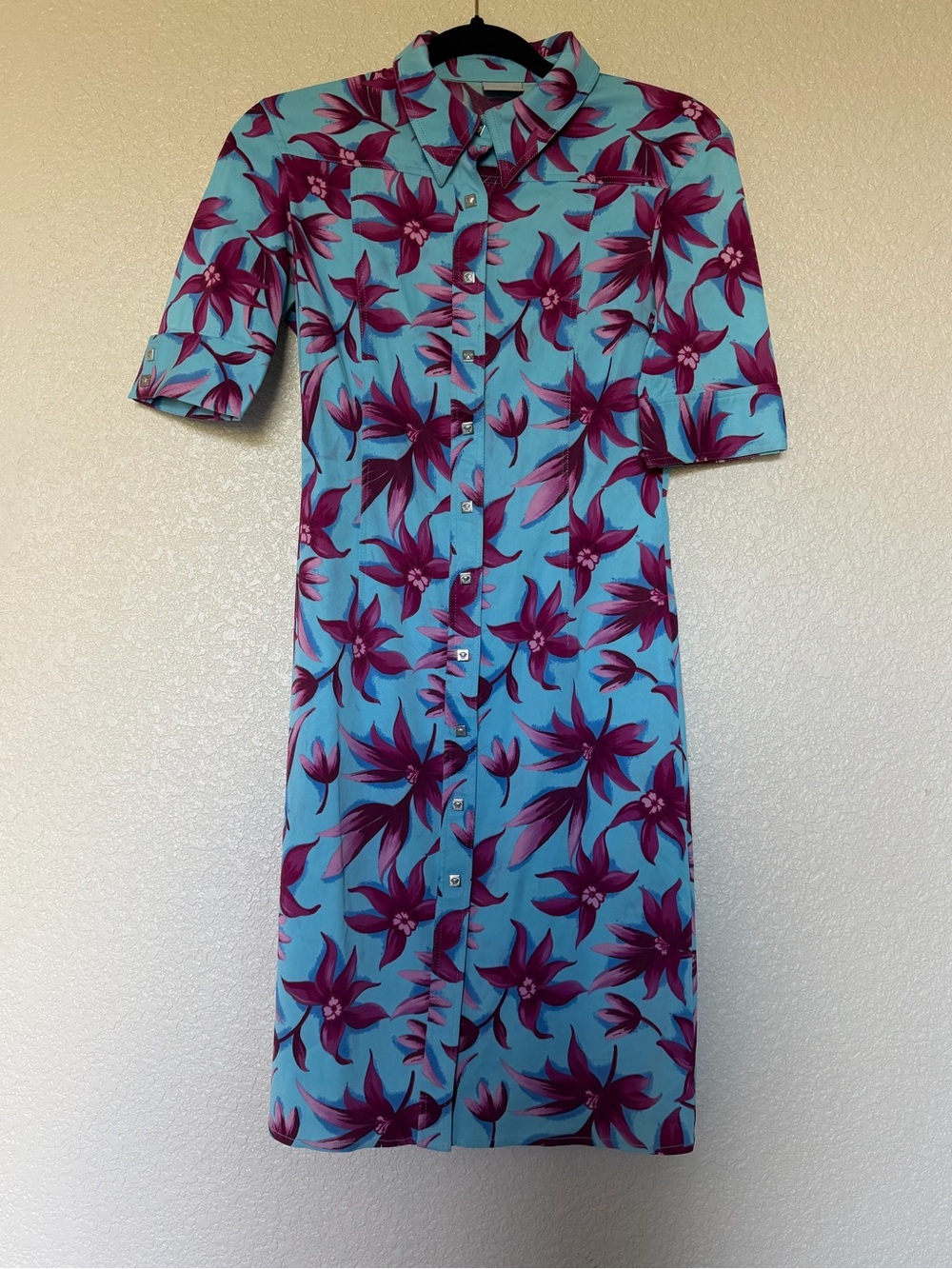 Versace Button-Front Floral Shirt Dress in Aqua and Magenta